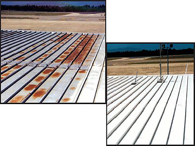 Tin roof before and after painting.