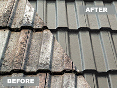 Tiled roof before and after painting.